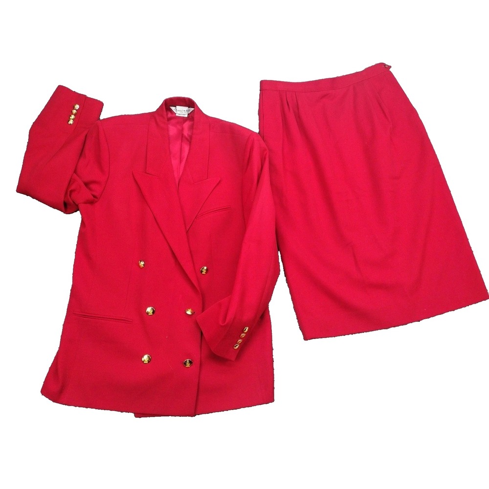AUSTIN REED 100% Wool 2-Piece Skirt Suit RED DBL Breasted USA SZ 14 90's Office